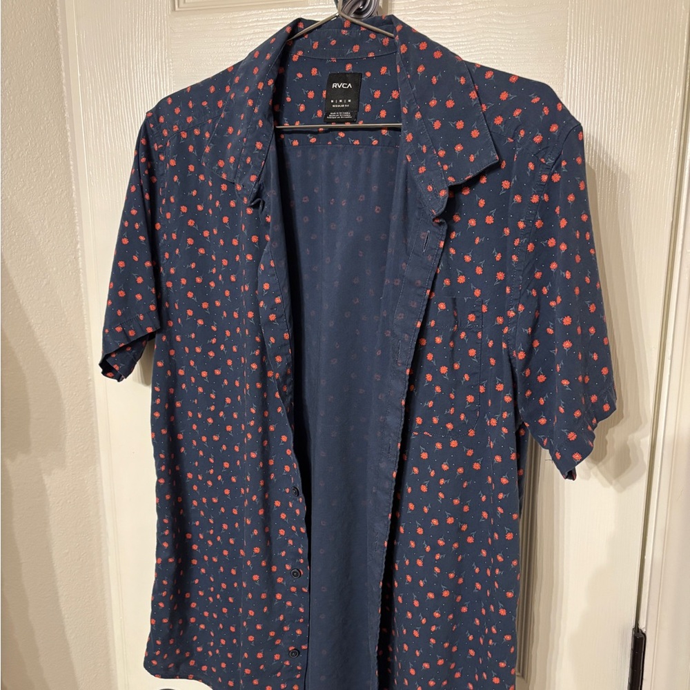 RVCA Men's Blue and Red Patterned Shirt